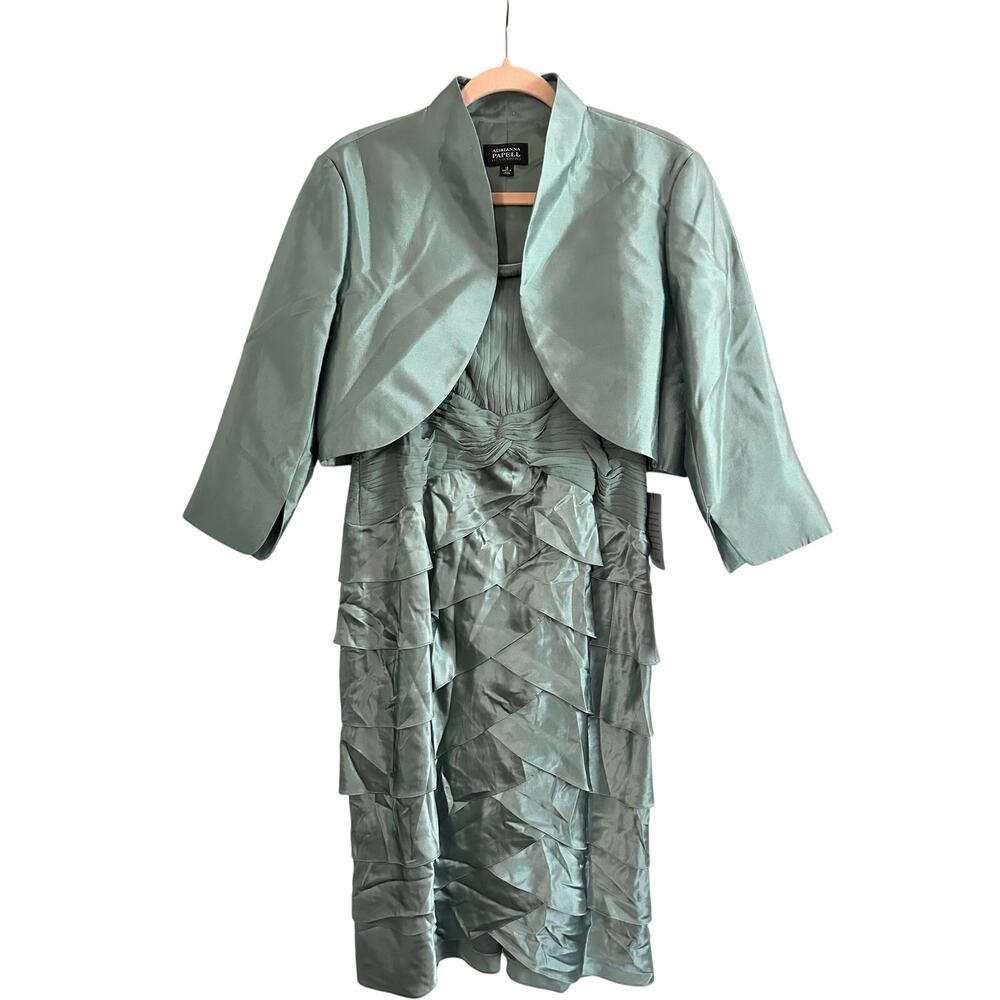 ADRIANNA PAPELL Shutter Pleat Dress Bolero Jacket Silk Sea Glass Green Sz 12 NWT